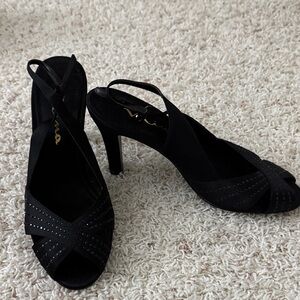 Nina Black Strappy Heels with Rhinestone Detail